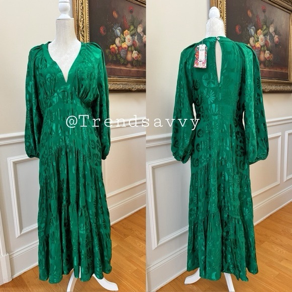 ANTHROPOLOGIE Farm Rio Floral Jacquard V-Neck Maxi Dress Green Petite Size NWT - Picture 4 of 4